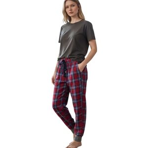 Aerie Plaid Pajama Pant Women L Jogger style Red Blue Drawstring Pocket